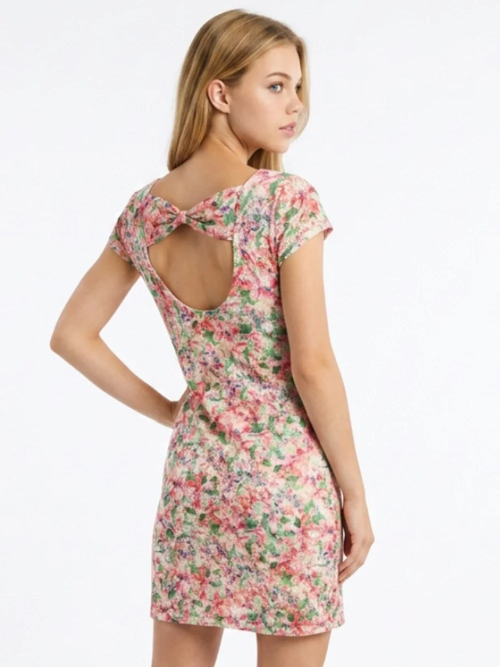 FREE PEOPLE Dress Lace Overlay Open Back Cap Sleeves Floral Pink Green Small - Picture 2 of 10